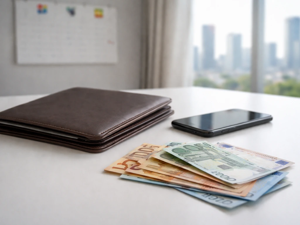 Minimal photo of a contract folder and a smartphone beside scattered euros, suggesting earnings by career phases.