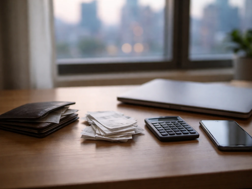 Minimal desk scene with wallet and receipts beside a laptop, symbolizing taxes, fees, and lifestyle costs.