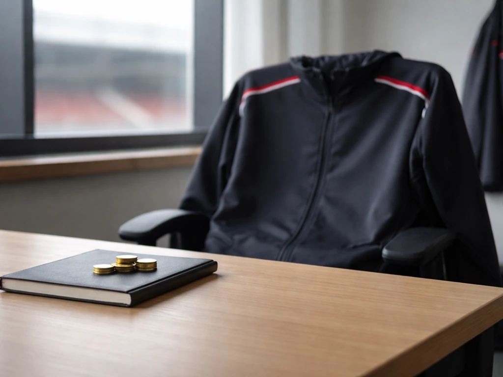 Empty modern football coaching office with an Atlético-themed jacket on a chair and a coin on a desk