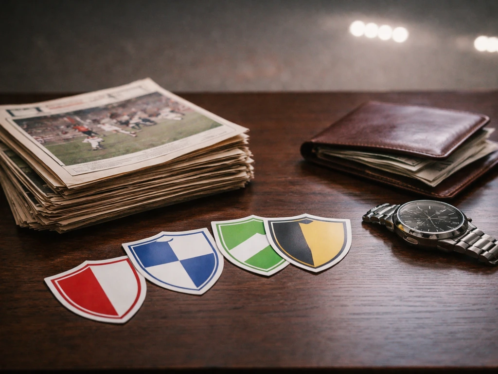Minimal collage-style photo scene with football memorabilia elements and a money-focused desk setup