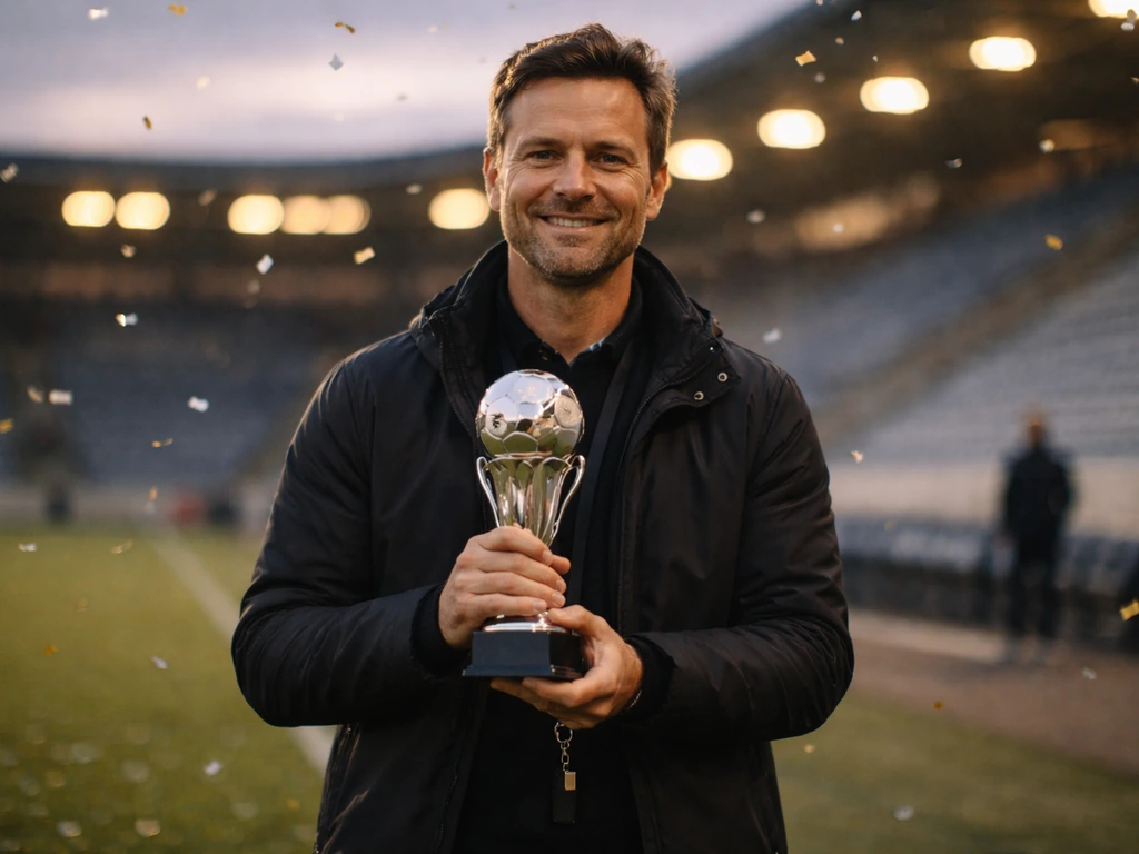 Generic soccer manager celebrating on the touchline with a small silver trophy-like prop at dusk.