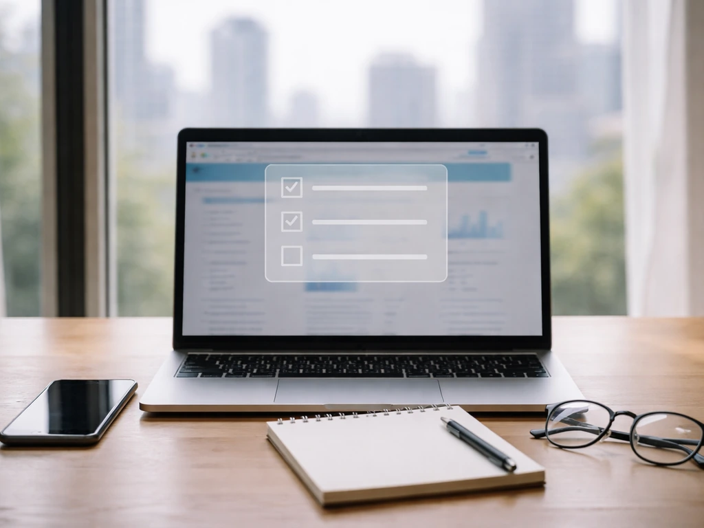 Minimal desk scene with laptop and phone, blurred sources, and blank checklist overlay for verification.