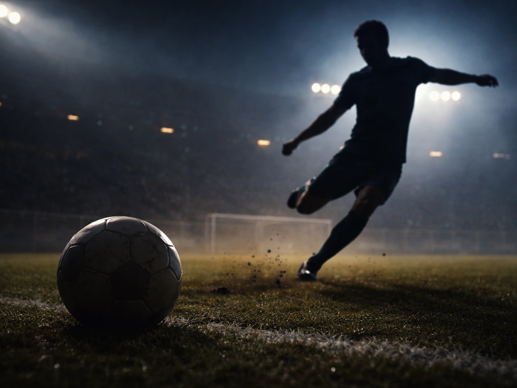 Cinematic football action scene with a vintage-styled ball and dramatic stadium lighting, symbolizing wealth analysis