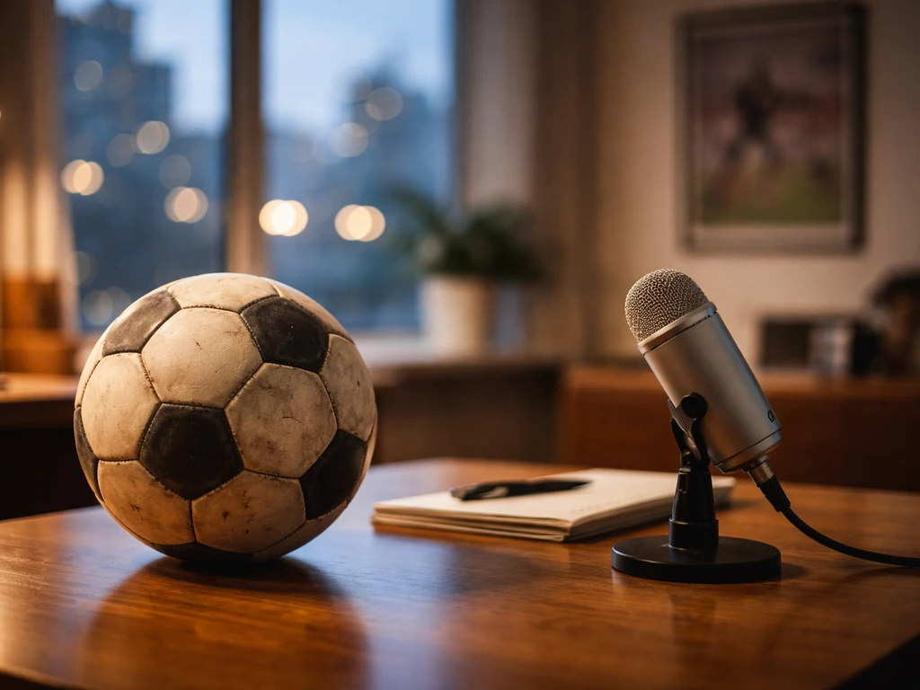 Football and microphone on a desk with blurred city lights, symbolizing sports media and player profiling.