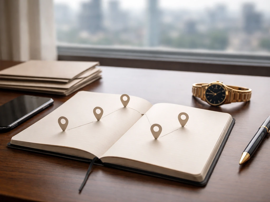 Minimal desk scene with envelopes, notebook, pen, and small blank markers suggesting a club-by-club timeline.