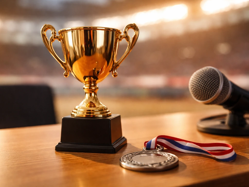 Trophy-like gold cup on a desk beside a microphone, symbolizing peak achievements and earnings