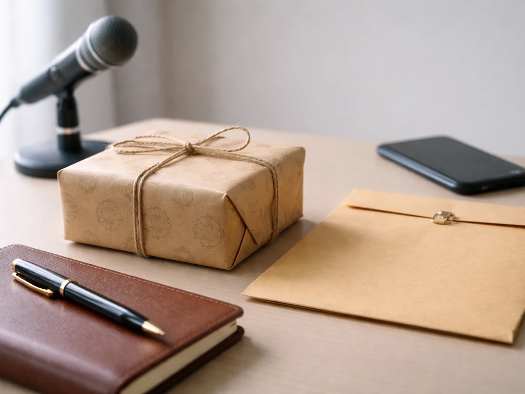 Minimal desk scene with a sports-branded gift box, business contract envelope, and pen near a laptop, symbolic income.