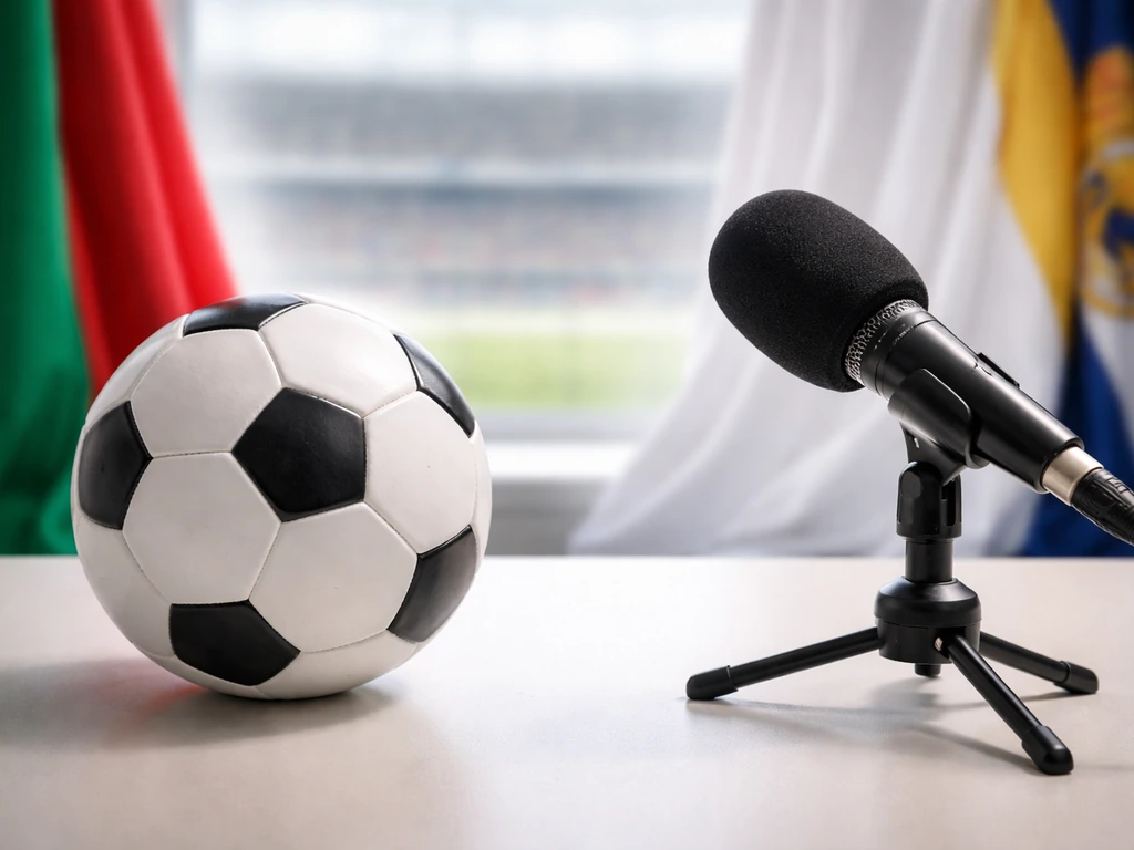 Quiet sports analyst desk with a soccer ball and broadcast microphone, symbolizing identifying the right player.