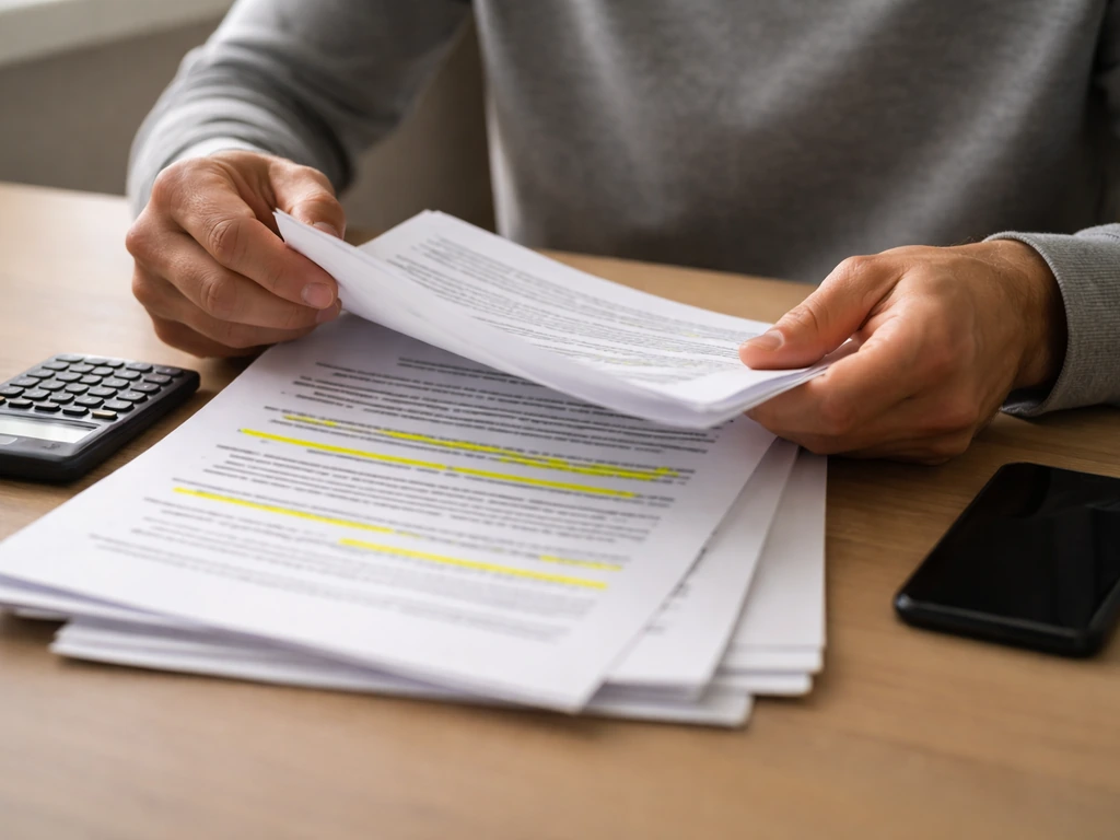 Minimal desk scene with hands adjusting printed documents and a calculator, symbolizing building a net-worth estimate