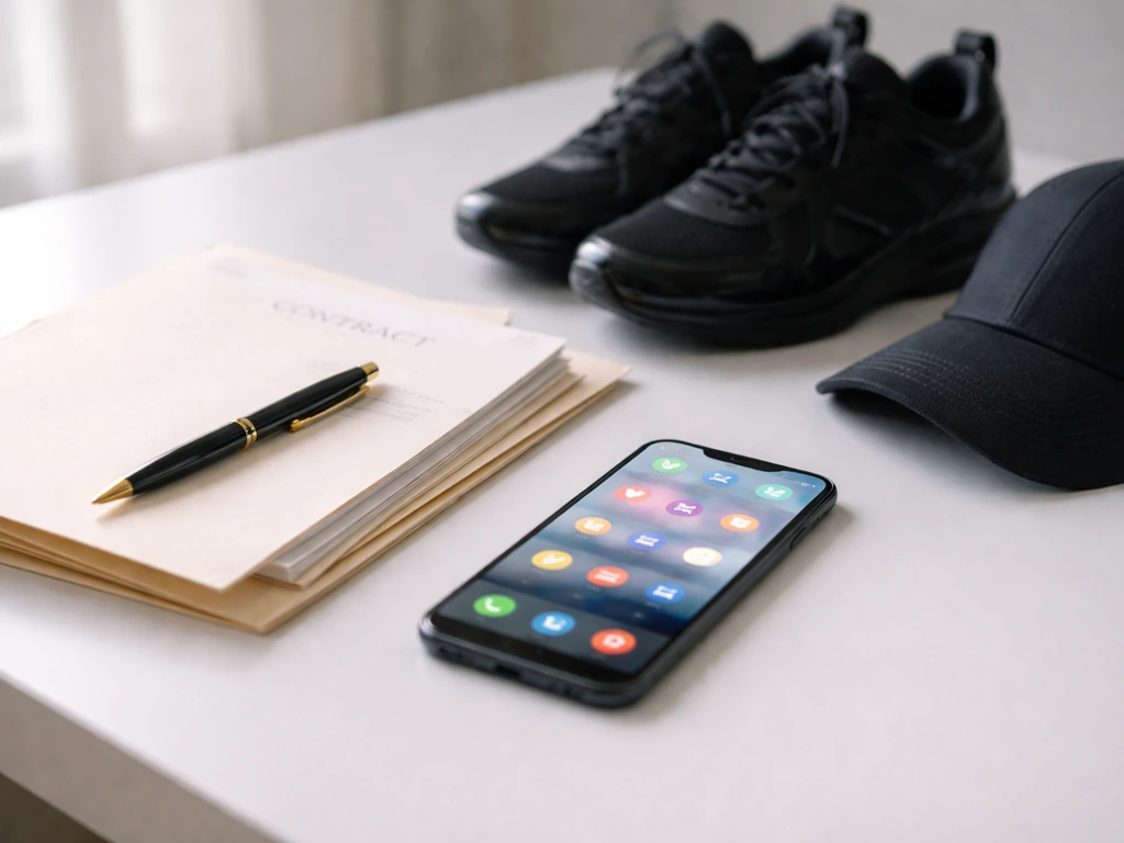 Close-up of a contract folder, pen, and smartphone showing social media icons beside luxury sports items
