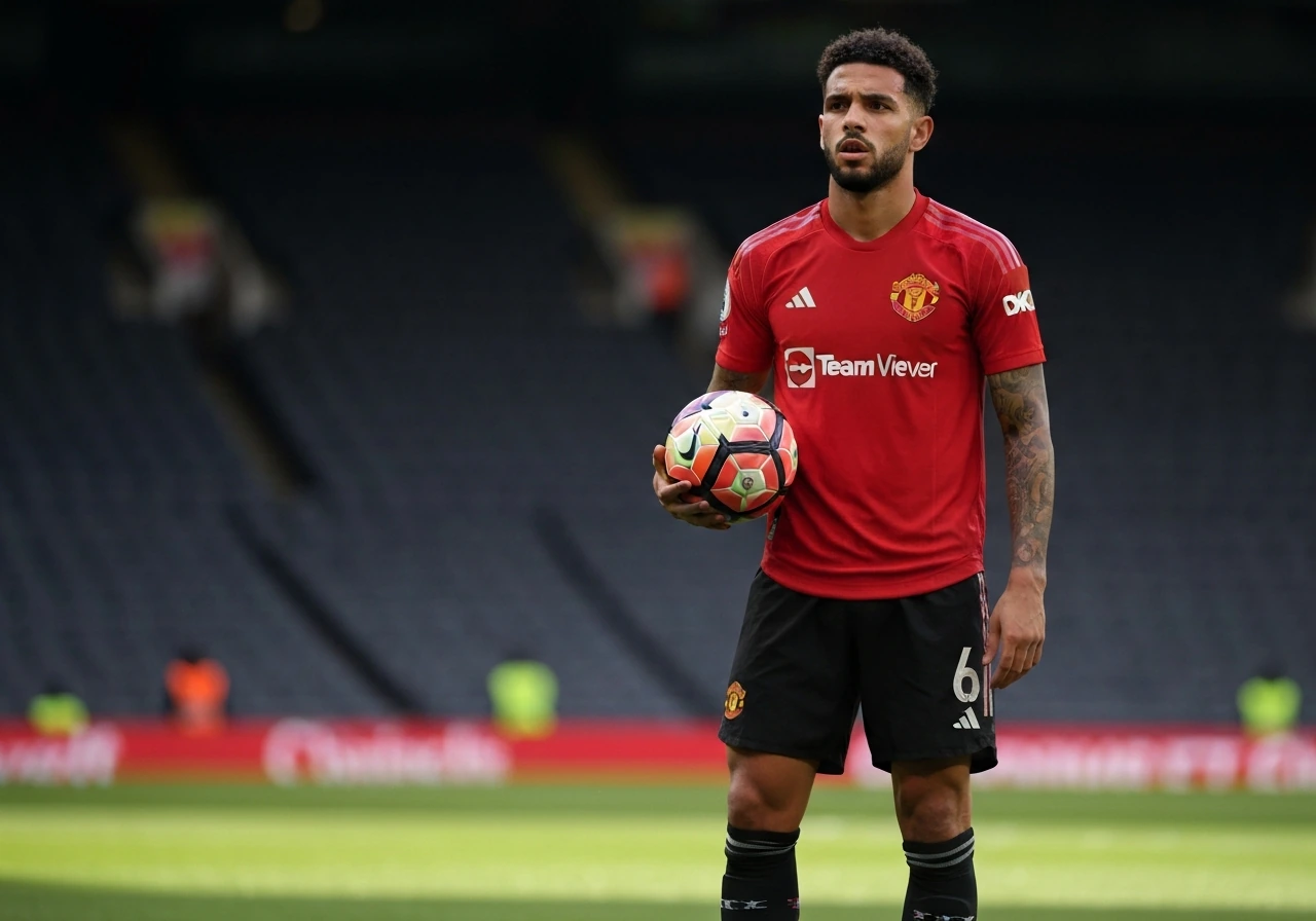 Brazilian footballer in a red match kit holding a ball on a soccer pitch with a blurred stadium background
