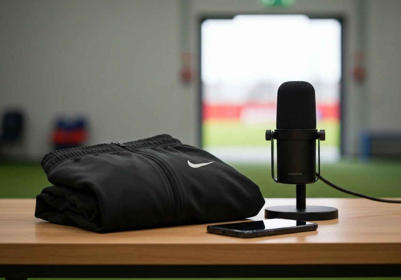 Close-up of a sports endorsement scene: branded training gear and a microphone on a desk in natural light.