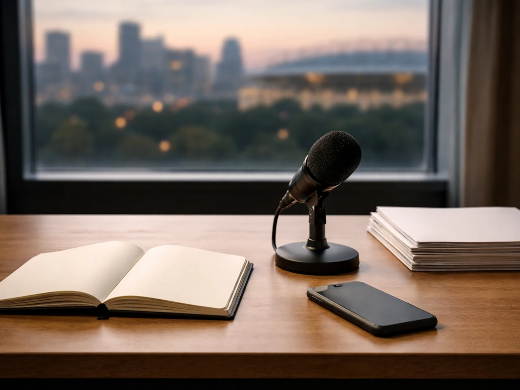 Minimal sports media desk with blank documents and microphone, symbolizing earnings comparison across eras.