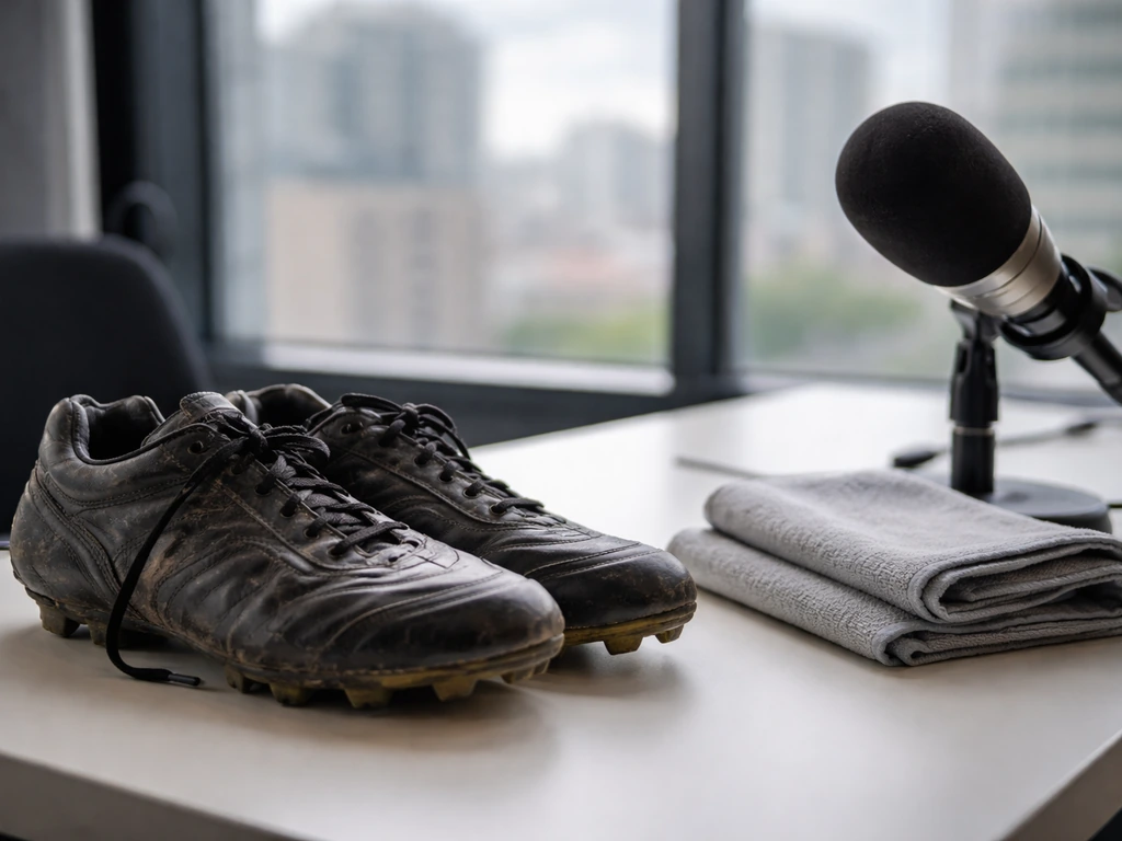 Football boot on a desk near a microphone in a quiet media studio, symbolizing a career transition.