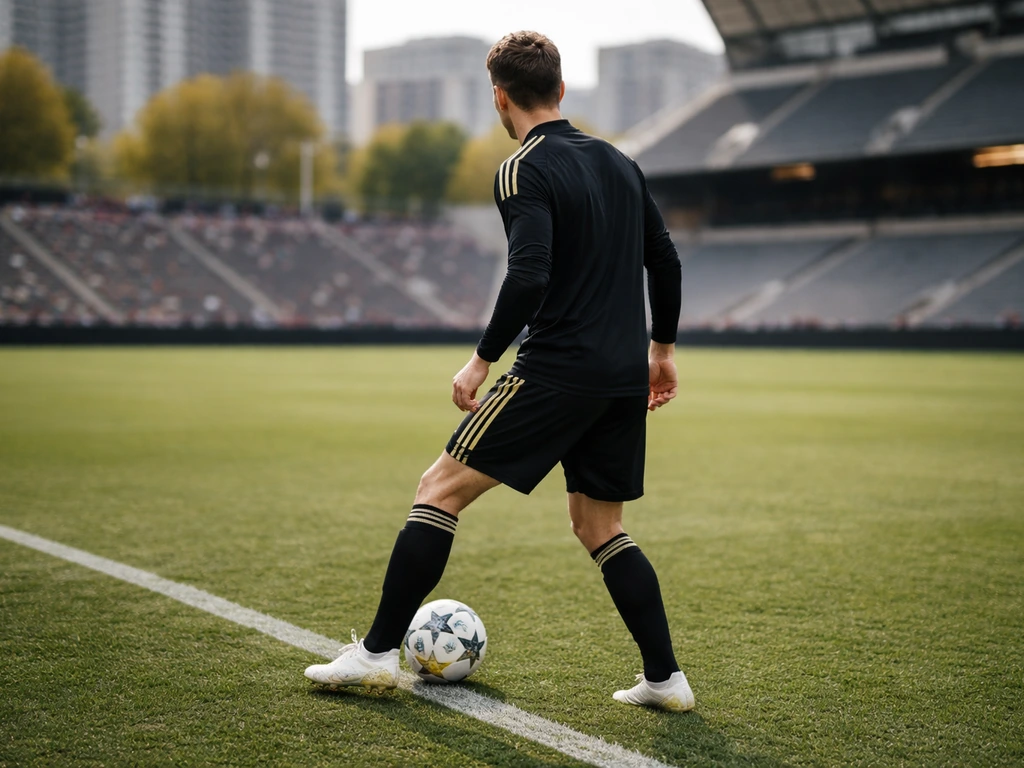 Anonymous footballer in LAFC-style training gear near a soccer pitch, ball at feet, daytime natural light.