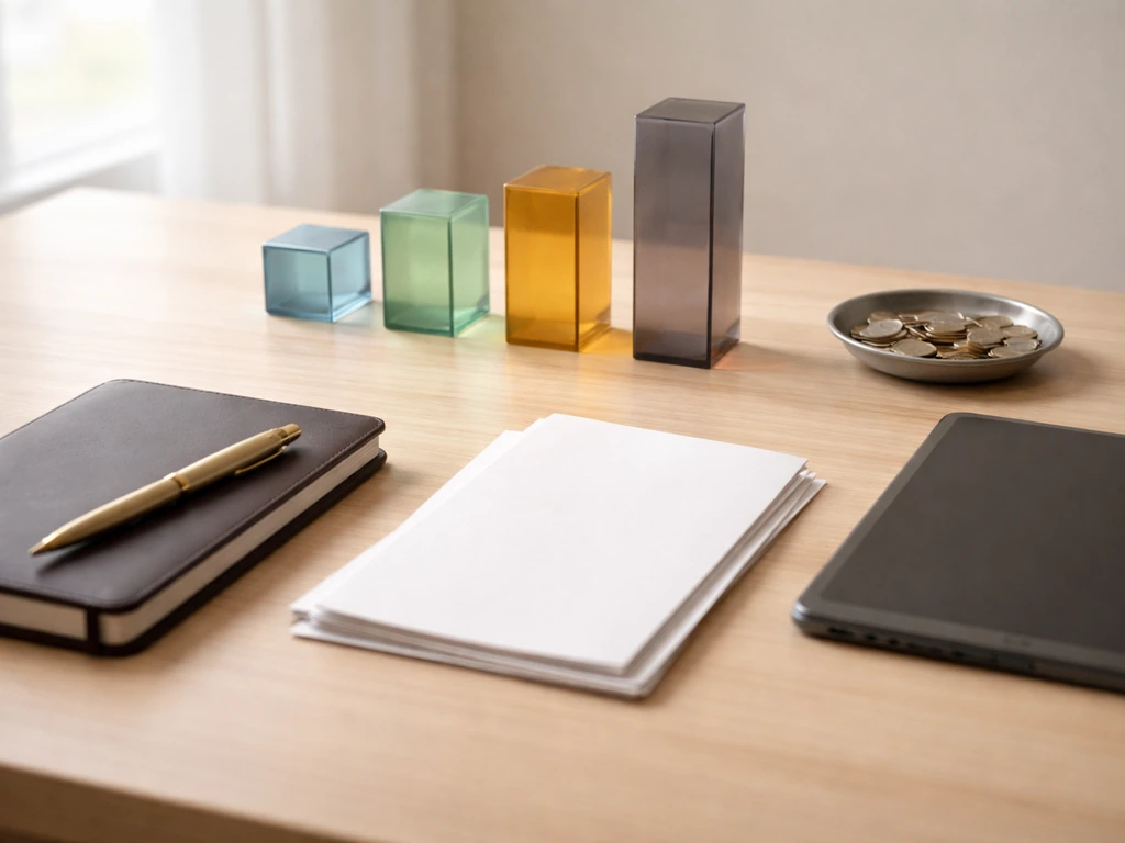 Minimal desk with colored stage blocks, blank documents, pen, and coins suggesting earnings stages.