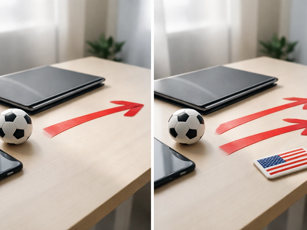 Minimal symbolic scene of soccer transfer arrows between clubs beside a desk and microphone, showing recent moves affect