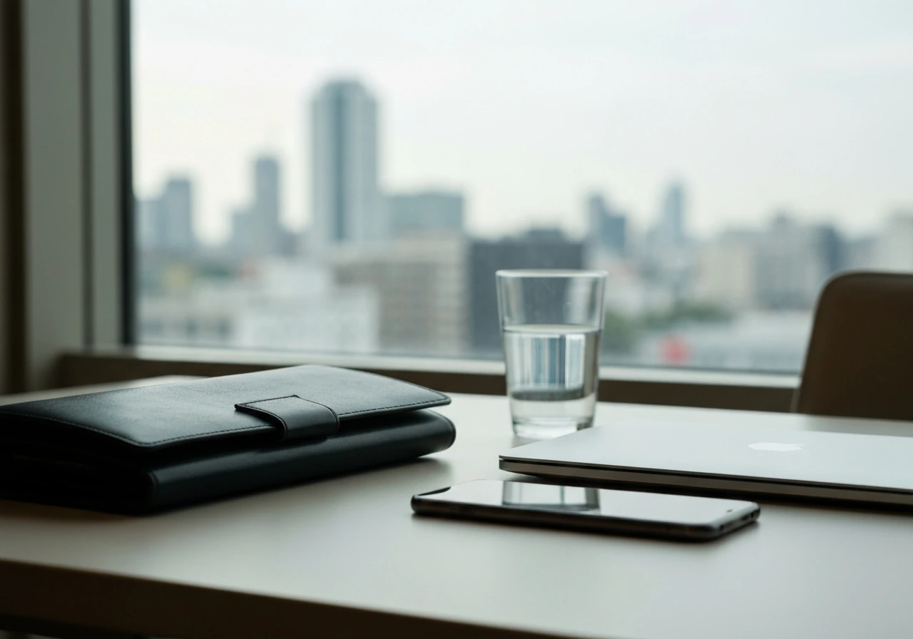 Minimal finance desk with laptop and portfolio case, warm natural light, blurred city view through window.