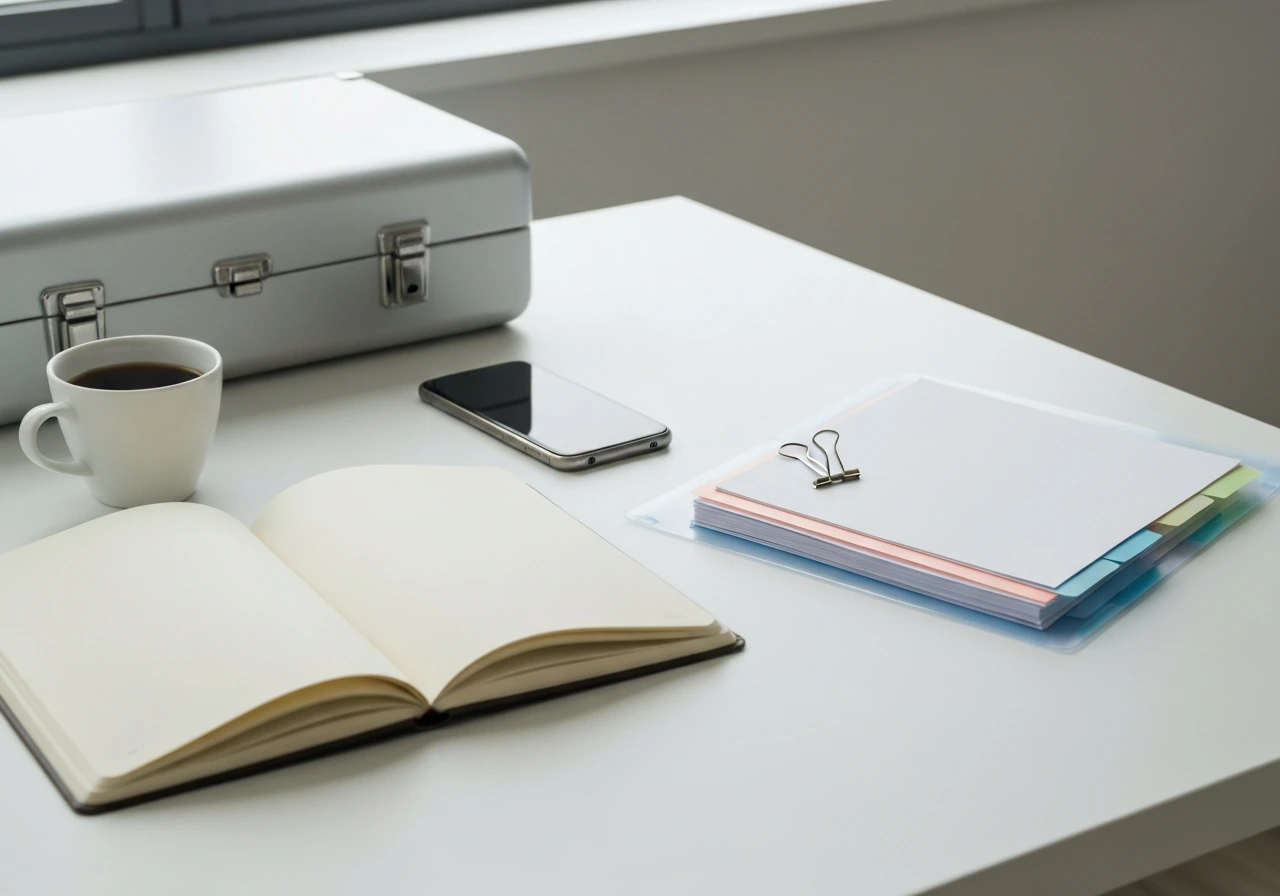 Minimal office desk with blank documents, notebook, and briefcase symbolizing net worth estimation setup.