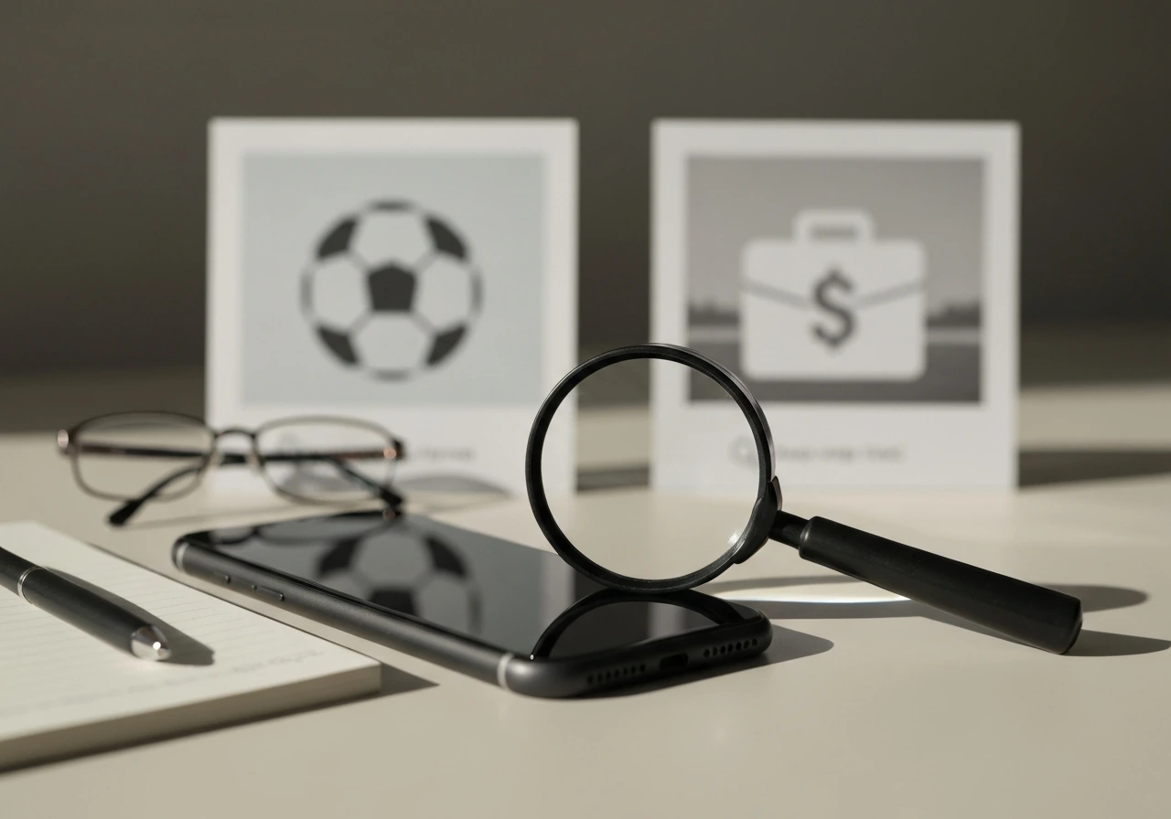 Disambiguation desk scene with smartphone and magnifying glass over two blurred result thumbnails.