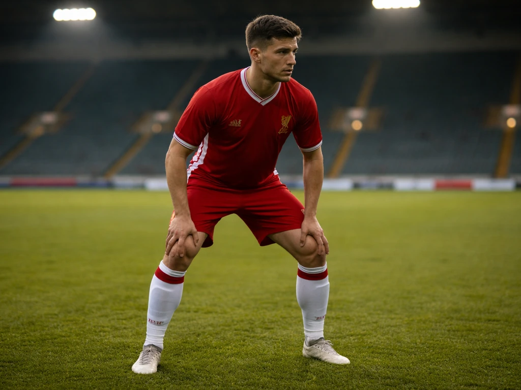 Anonymous footballer in a red-and-white Liverpool-style kit standing on a stadium pitch, defensive stance.