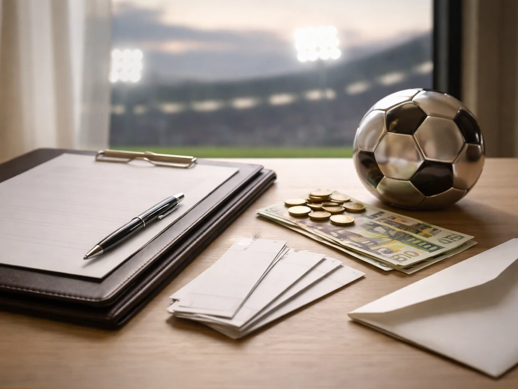 Minimal desk scene with money, a pen, and football-themed items suggesting bonus and signing fees.