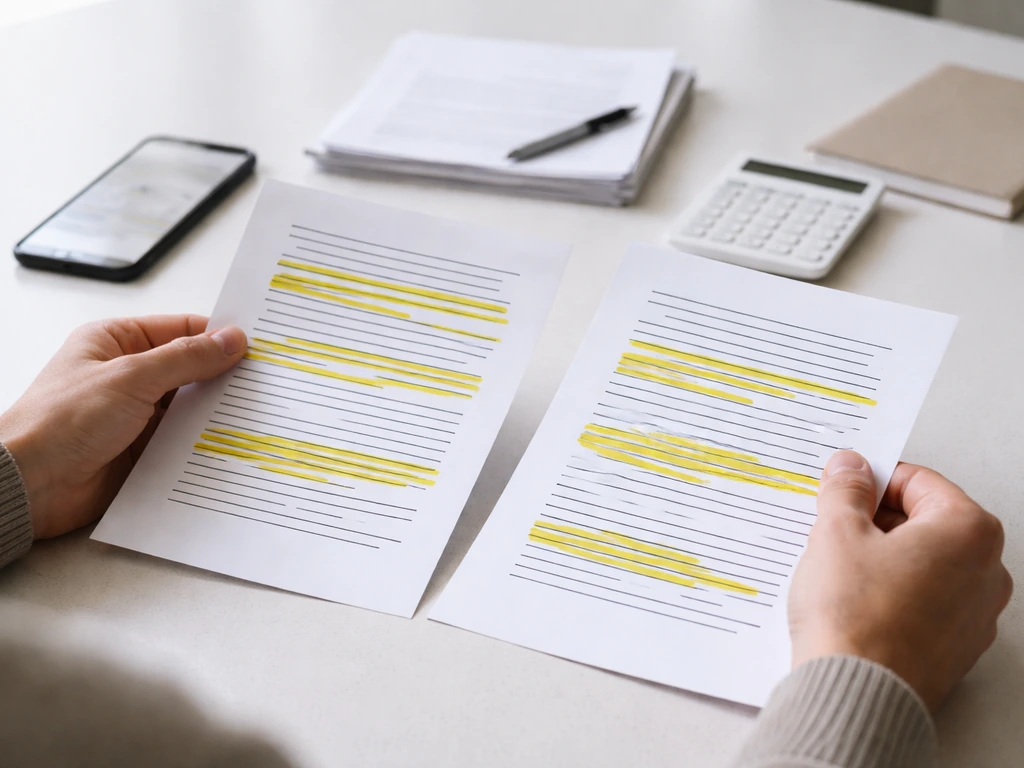Close-up of hands comparing financial documents and a smartphone with bookmarked transfer and salary sources.