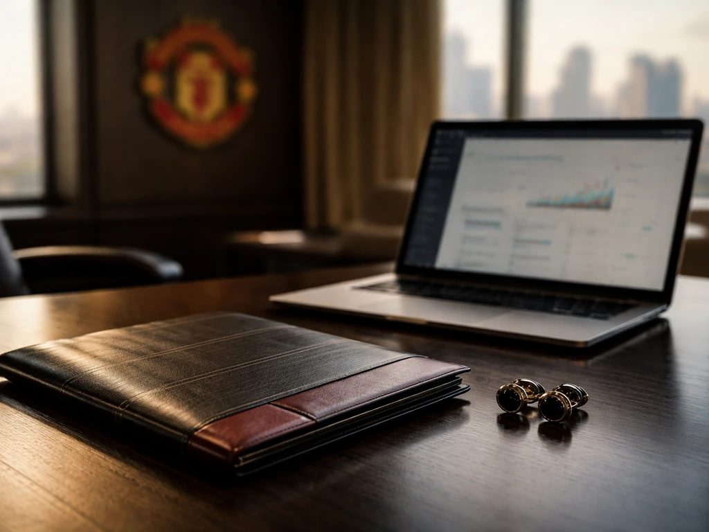 Minimal desk scene with red leather, cufflinks, and blurred finance screen hinting wealthy ownership control.