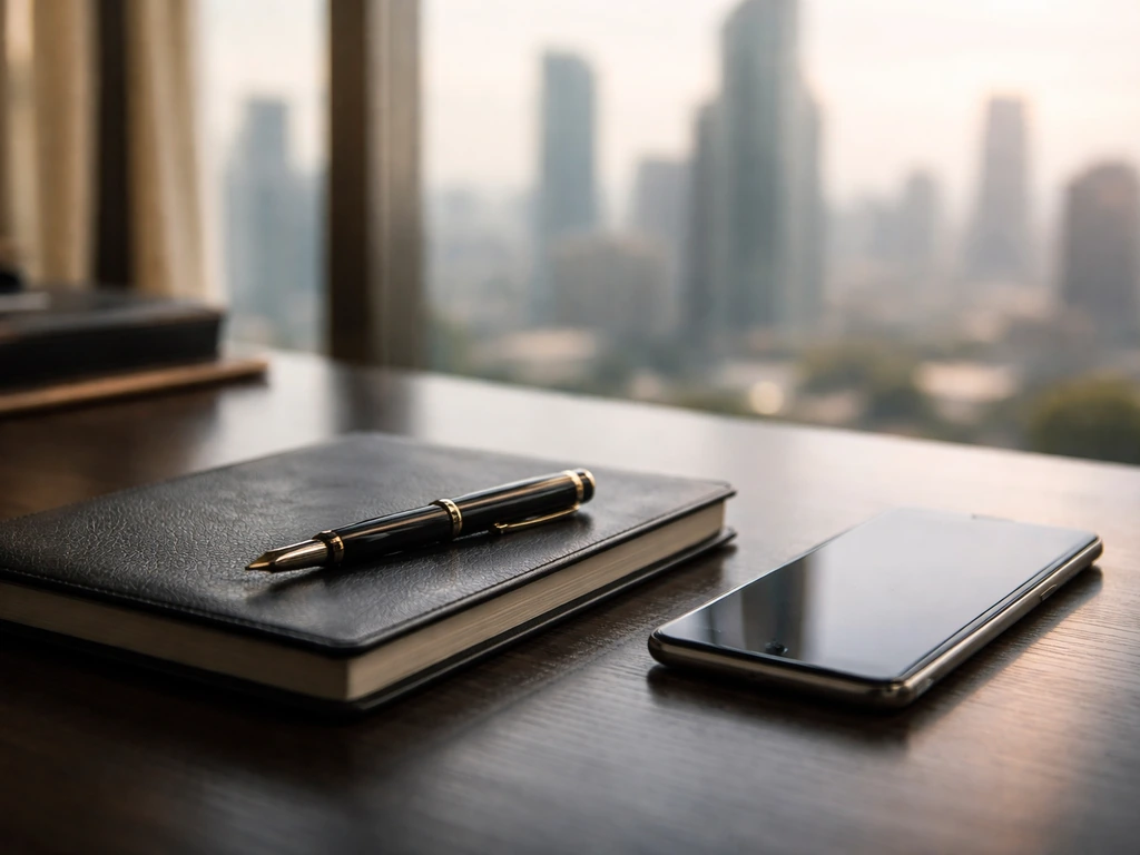 Minimal office desk with pen and notebook beside a windowed city skyline, suggesting finance analysis.