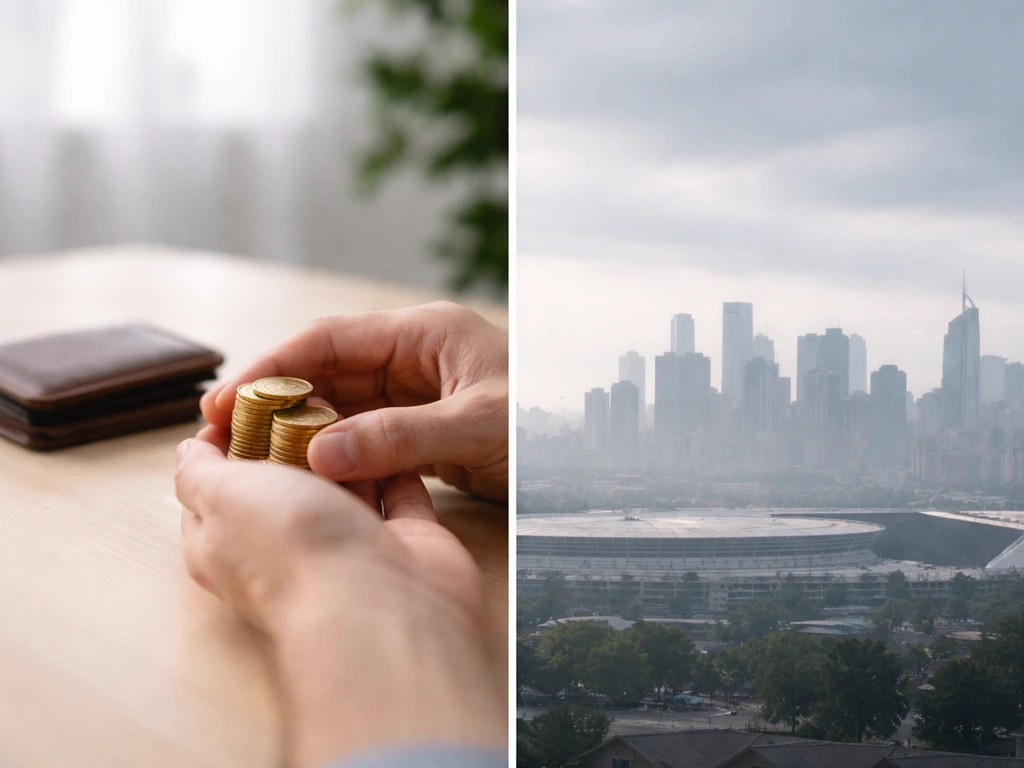 Minimal split-screen photo showing two contrasting finance settings: personal wealth vs club valuation mood
