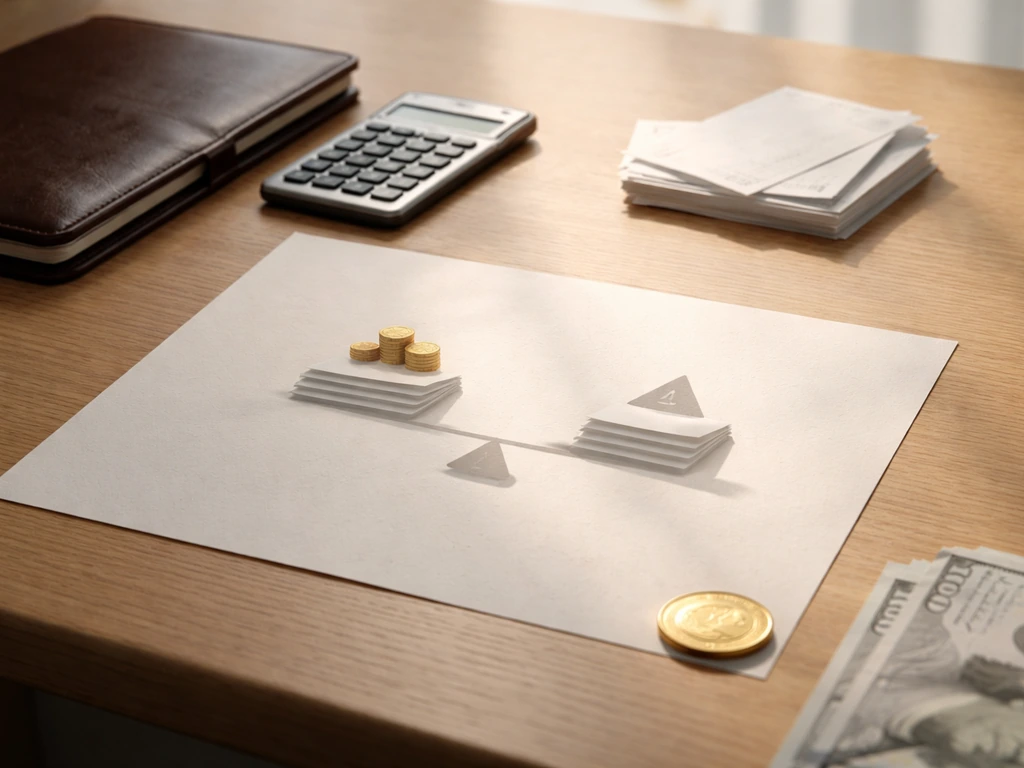 Minimal desk scene with money and blank ledger papers symbolizing an estimate balance-sheet concept.