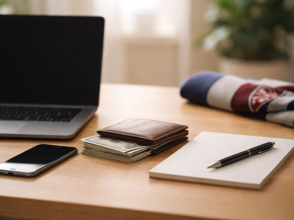 Minimal desk with laptop, wallet and bills, and a folded football scarf symbolizing career earnings.