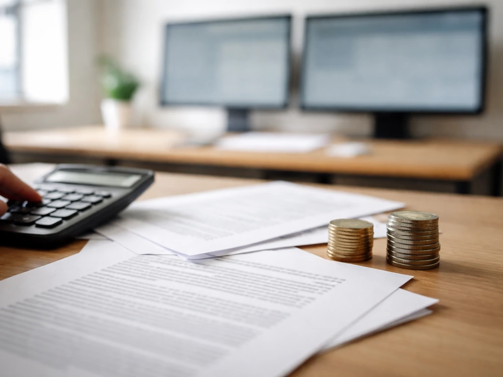 Minimal desk scene with contract papers and calculator, symbolizing different assumptions behind a $190M estimate.