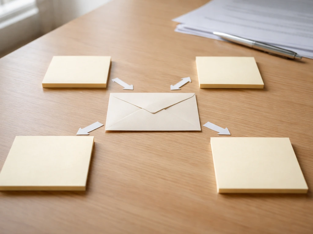 Minimal desk scene with four blank notes pointing via paper arrows toward a central envelope.