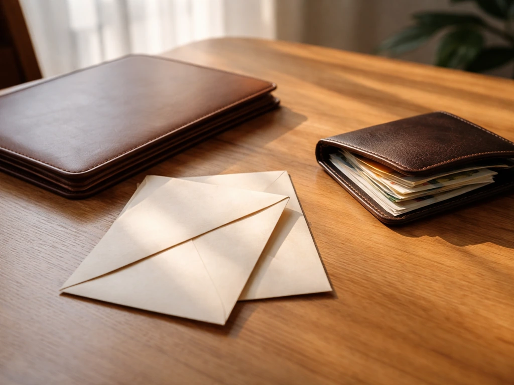 Minimalistische foto van een nette werkplek met perkamenten enveloppen en een schaduwrijk geldboekje als symbool van ink