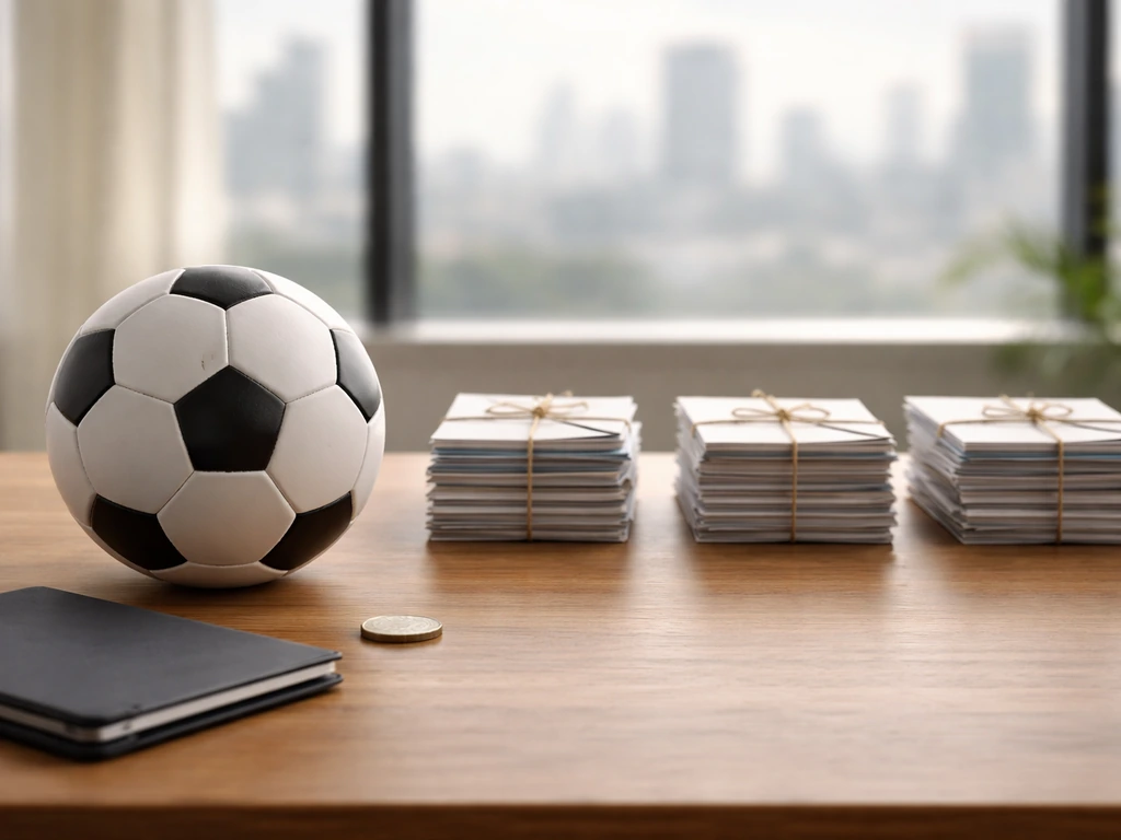 Minimal photo of a soccer ball on a desk beside a tablet showing finance icons (no readable text).