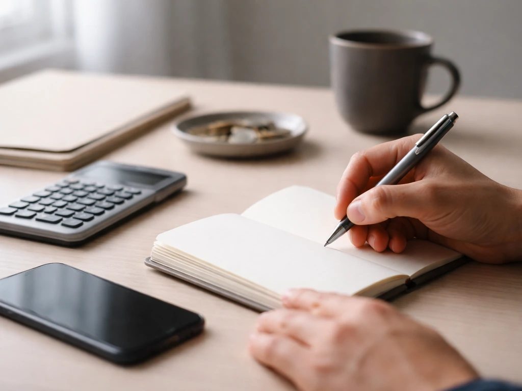 Minimal desk scene with a notebook, pen, and calculator beside a smartphone—symbolizing building a reliable estimate.