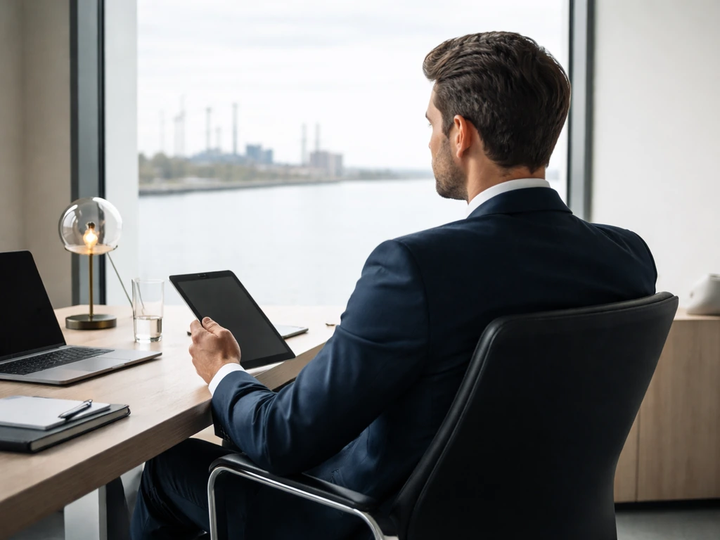 Anonymous energy executive in a modern office with a city skyline and distant industrial facility view.