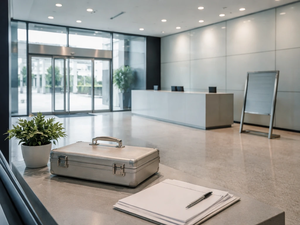 Minimal corporate headquarters lobby with a briefcase and energy-group office atmosphere, no text or logos.