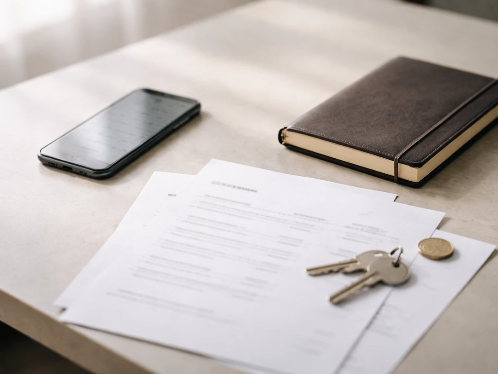 Minimal photo of a finance desk with scattered documents and a phone showing blurred numbers, symbolizing net worth disc