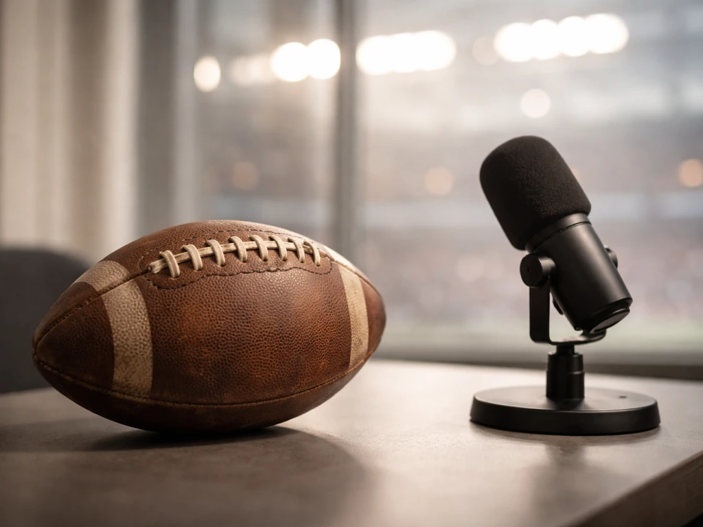 Retired footballer theme: a vintage football resting on a studio desk with a microphone nearby.