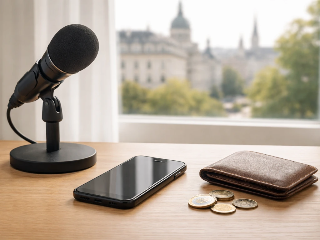Minimal desk scene with microphone, smartphone, and coins by a window overlooking a city skyline.