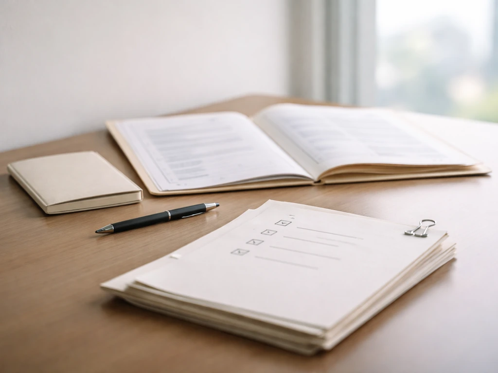 Minimal desk with blurred document records and blank paper checkmarks, symbolizing verifiable info.