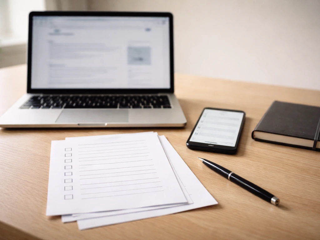 Desk with laptop and papers suggesting fact-checking sources for transfer and wage info, no people, no text.