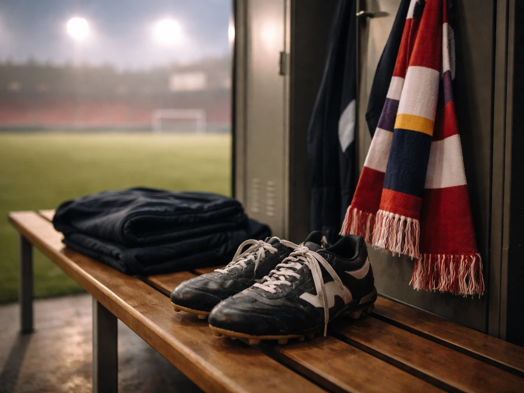 Worn football boots and tracksuit on a bench in a quiet training facility, symbolizing an earning career.