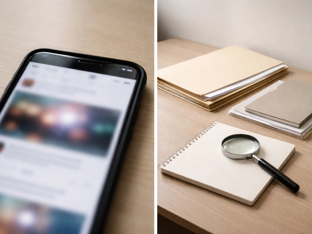 Split side-by-side photo: blurred viral claim on phone vs desk verification tools with no text.