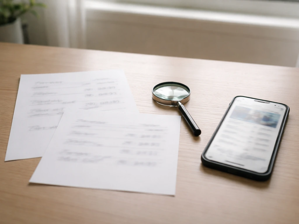 Desk with papers, blurred amounts, magnifying glass, and a phone showing unreadable finance news.