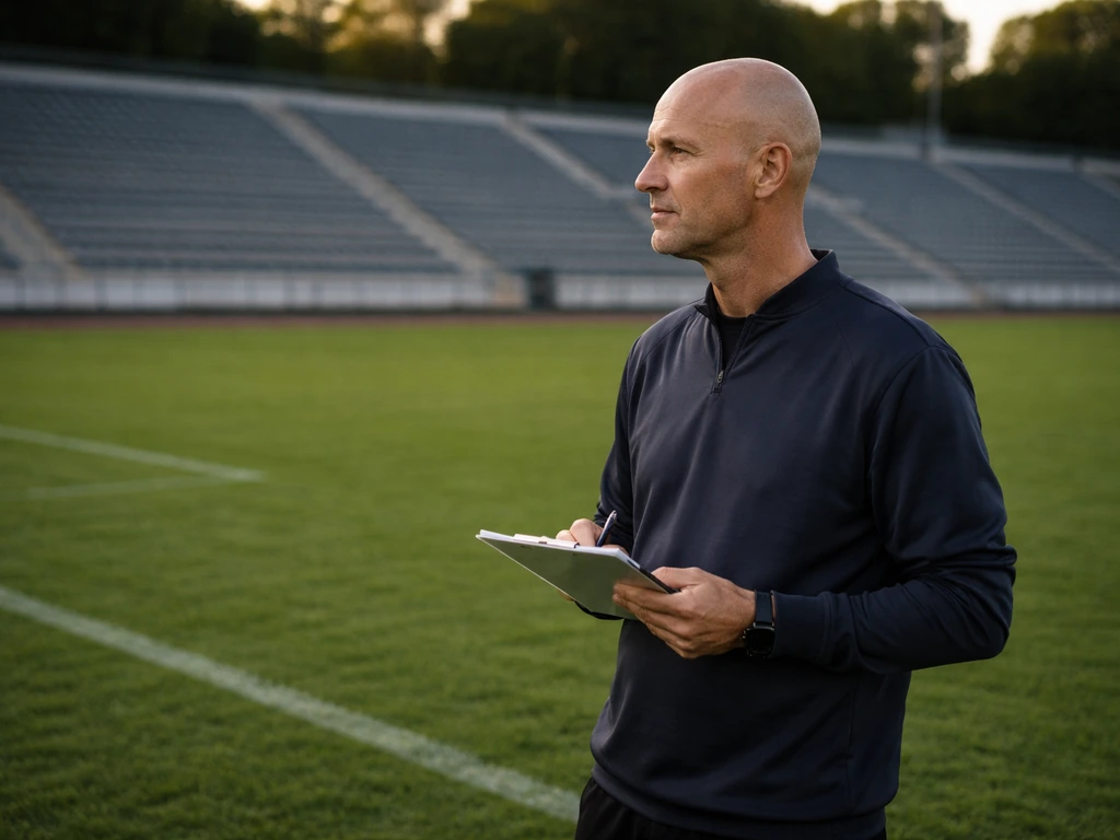 Jordi Cruyff lookalike in a football coaching setting, holding a clipboard near the pitch edge.