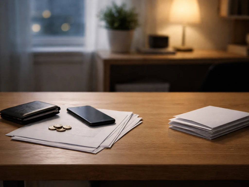 Minimal desk scene with a smartphone, wallet, and neatly arranged documents symbolizing assets and liabilities.