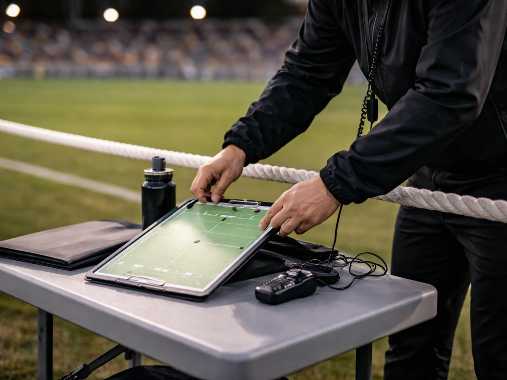 Anonymous football staff adjusting a clipboard on a sideline with a blurred stadium background